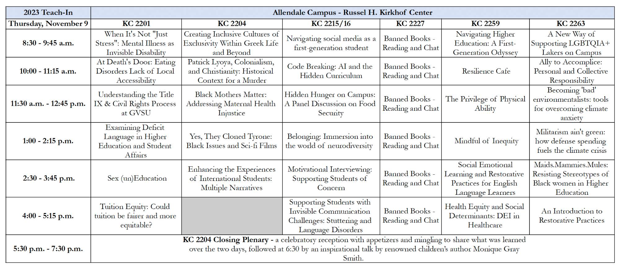 excell spreadsheet program of Thursday 2023 Teach-In sessions